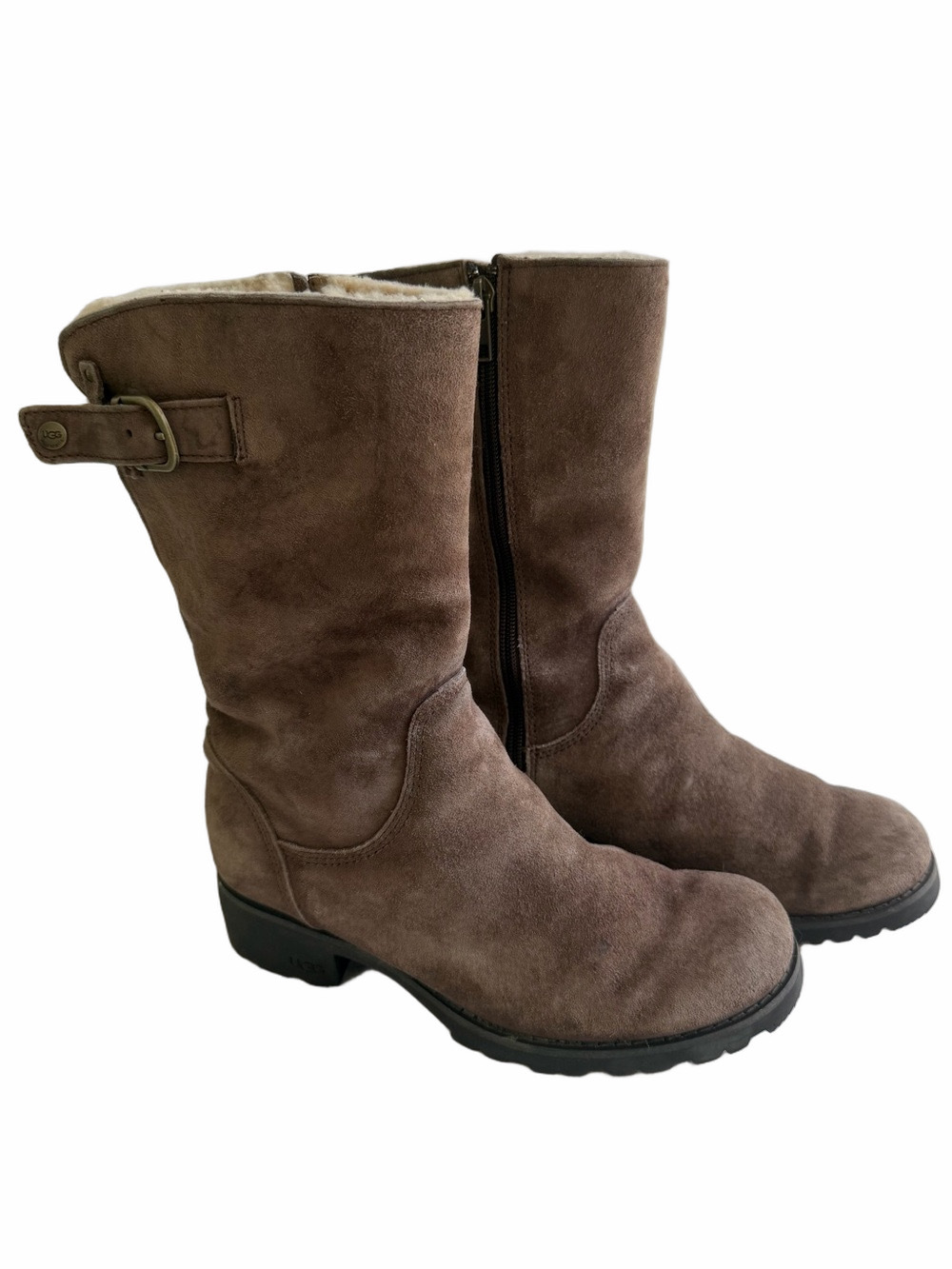 Ugg Mare Taupe Brown Suede Warm Shearling Lined Women’s Size 7 Slip On Zip Boot
